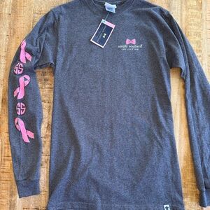 Simply Southern Charcoal Long Sleeve Tee with Pink Ribbon Accents
